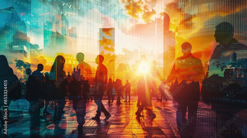 Obraz premium A group of silhouetted people shaking hands, overlaid with a cityscape and bright sunlight