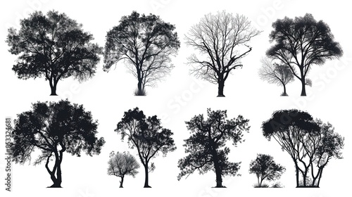 Collection of silhouettes of trees of different species on white background.  Hyperdetailed. UHD. super detailed photo