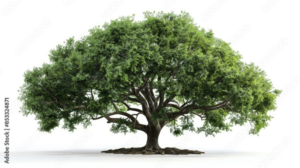 Majestic oak tree with lush, vibrant green foliage against a white background