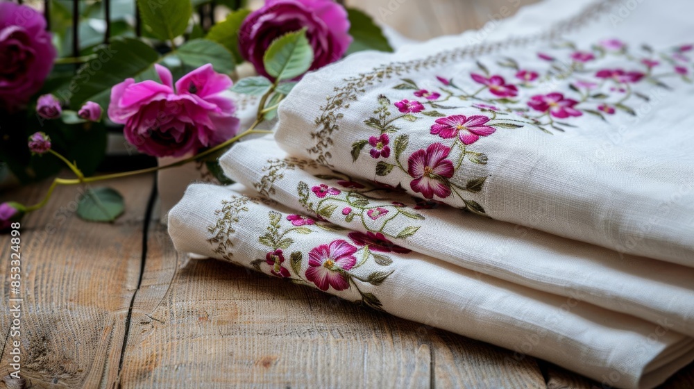 A beautiful embroidered tablecloth with a floral pattern A beautiful embroidered tablecloth with a floral pattern