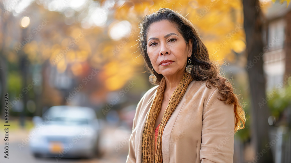 Fototapeta premium Serious Mature Hispanic Woman Standing on Street in Autumn