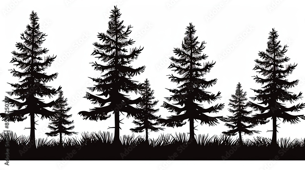Obraz premium Silhouettes of pine trees% Black silhouettes of four pine trees on white background