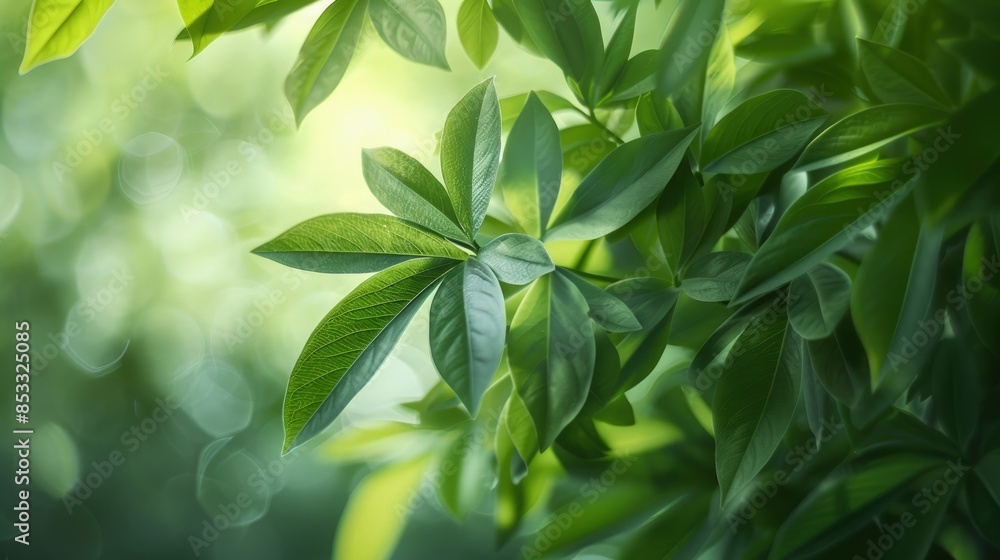 Obraz premium Soft Focus Green Leaves - Close-up of soft, green leaves with a bright, blurred background, focusing on the texture and freshness of the foliage