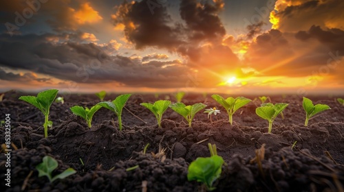 Seedlings sprouting at sunrise under a dramatic sky with clouds