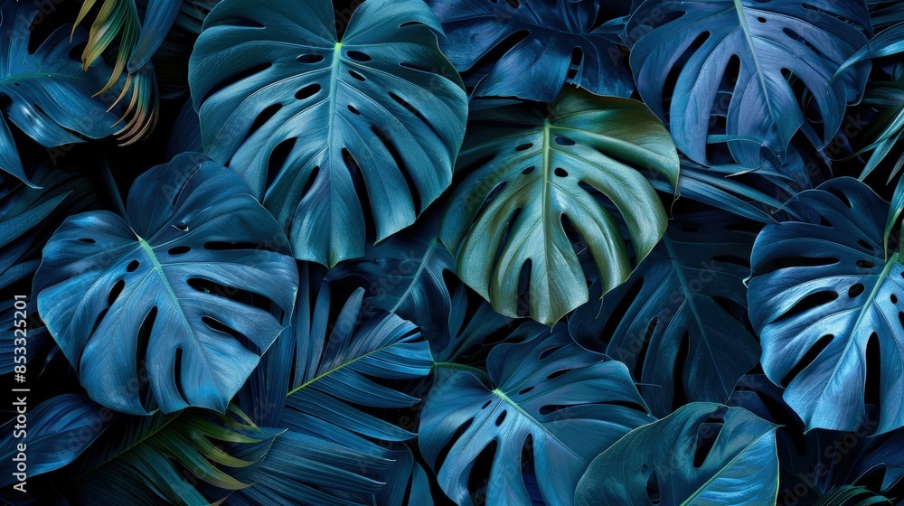 Tropical leaves in dark shades of blue and green Tropical leaves in dark shades of blue and green