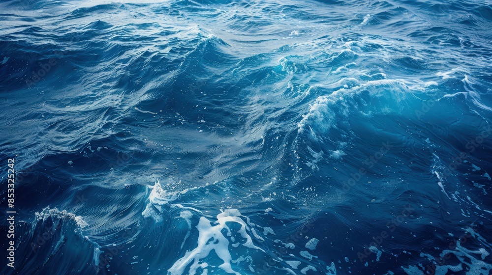 Fototapeta premium Vibrant Ocean Waters% Turbulent blue sea with frothy white waves and deep rich hues
