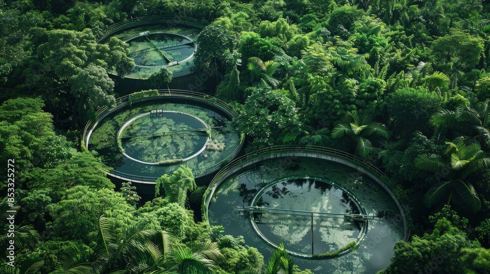 Wastewater treatment facility with large circular tanks surrounded by lush green forest Wastewater treatment facility with large circular tanks surrounded by lush green forest