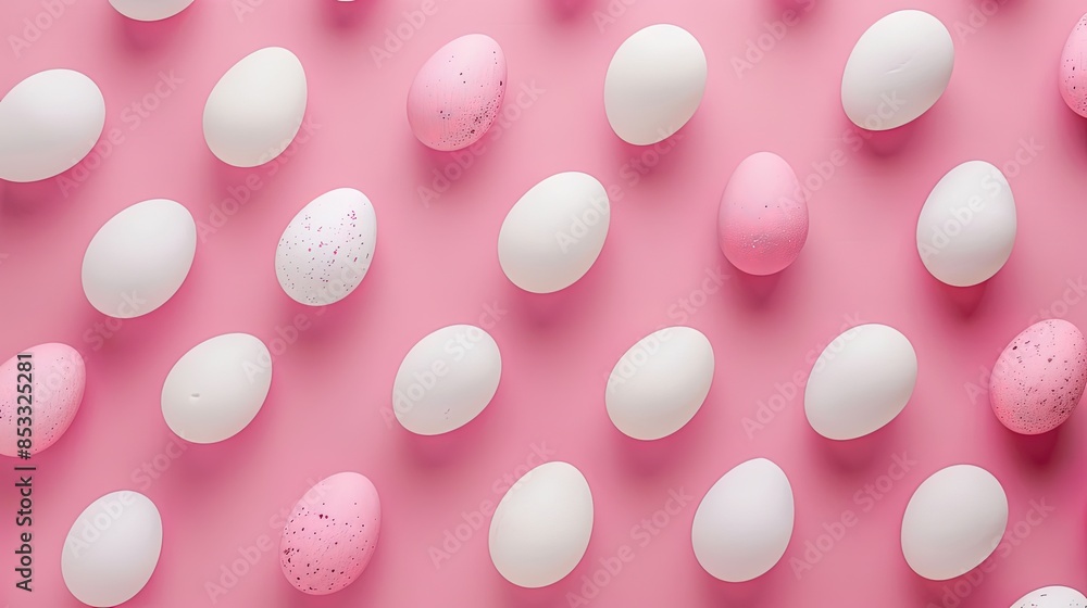 White and pink eggs on a pink background, evenly spaced in a grid pattern White and pink eggs on a pink background, evenly spaced in a grid pattern