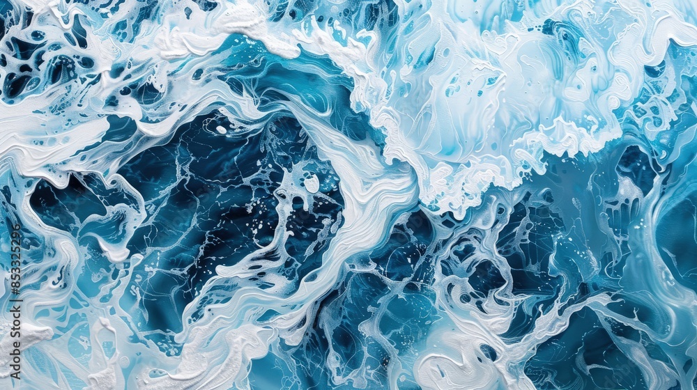 White foam in vivid, swirling blue water, capturing ocean's dynamic movement White foam in vivid, swirling blue water, capturing ocean's dynamic movement