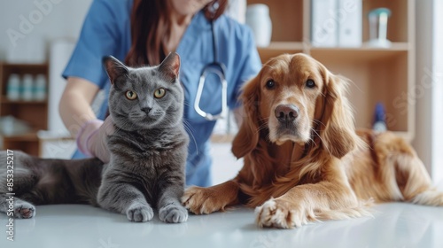 Veterinarian with stethoscope examining happy dog, gray cat on table, modern clinic background