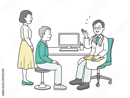 病院で診察を受ける高齢男性と付き添いの女性と医師のイラスト
