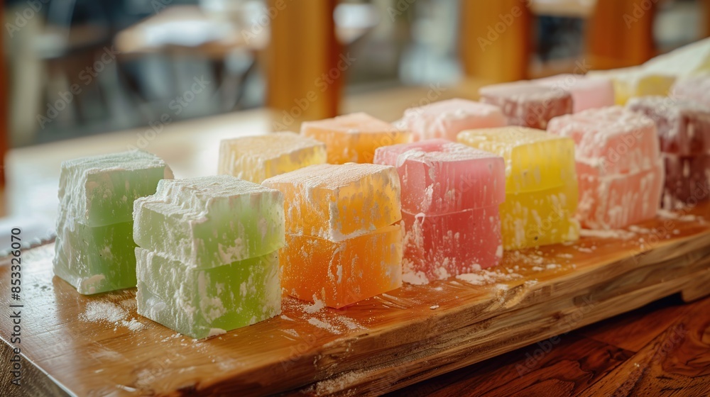 Colorful Turkish Delight on a Wooden Platter Colorful Turkish Delight on a Wooden Platter
