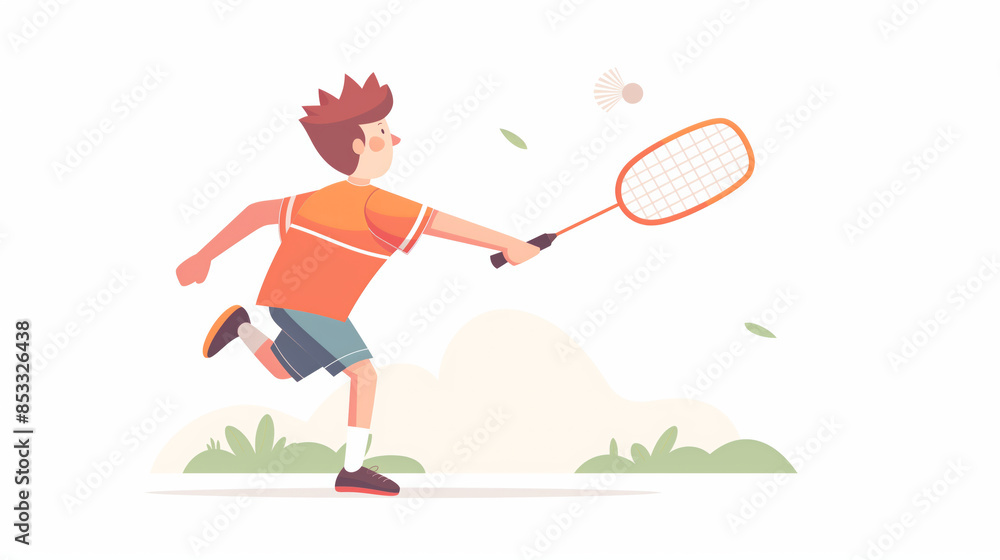 Illustration of a young man in an orange shirt and blue shorts is playing badminton outdoors. Illustration of a young man in an orange shirt and blue shorts is playing badminton outdoors.
