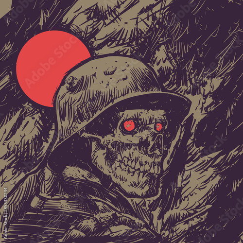 World War II Soldier Skull with Red Sun Background Vector Illustration