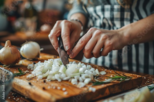 A woman chops onions on a wooden board in her home kitchen closeup  photo