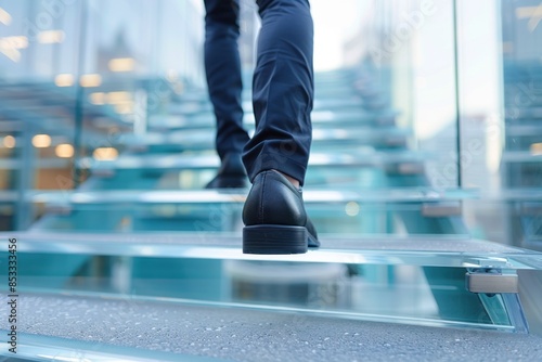 A man wearing a black suit and black shoes is walking up a glass staircase. Concept of professionalism and formality, as the man is dressed in a suit and tie