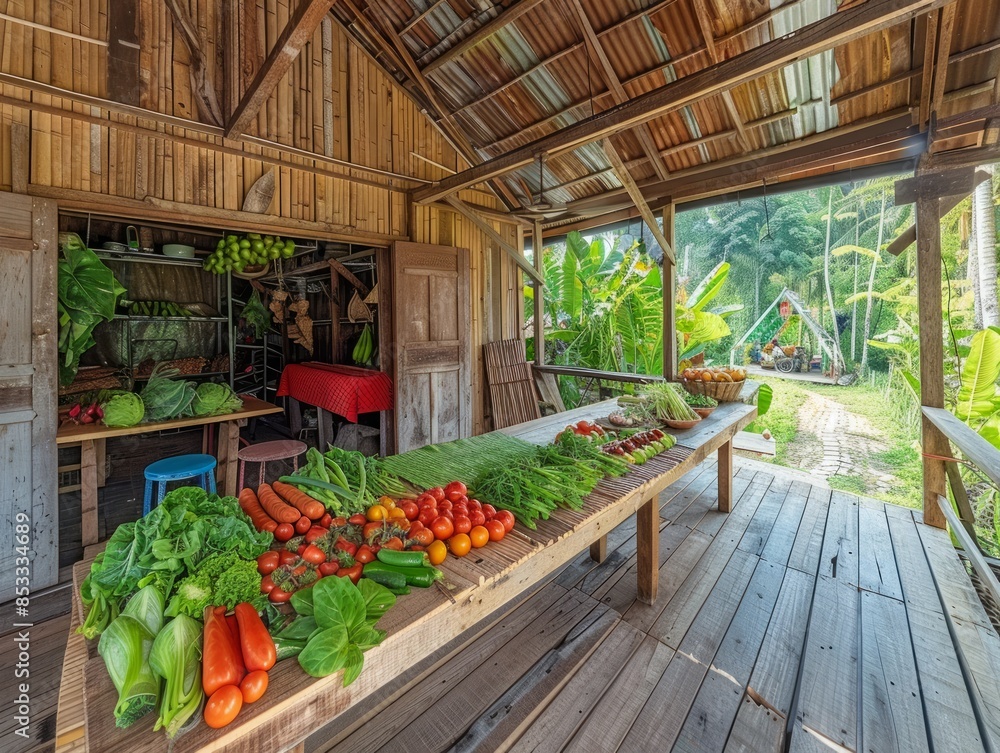 A table full of vegetables and fruits in a market. Scene is lively and fresh A table full of vegetables and fruits in a market. Scene is lively and fresh