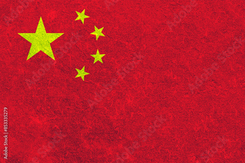 Flag of China, National Flag of the People's Republic of China Five-starred Red Flag State flag of China simple old aged worn grunge paper background texture, closeup, nobody. Chinese economy business