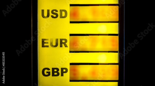 Unknown USD EUR and GBP different currency prices on a currency exchange office sign outdoors at night Price fluctuations, unstable economy exchange rate predictions politics and news abstract concept