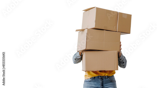 Person carrying a big stack of cardboard boxes on white background