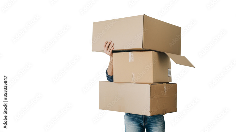 Person carrying a big stack of cardboard boxes on white background Person carrying a big stack of cardboard boxes on white background