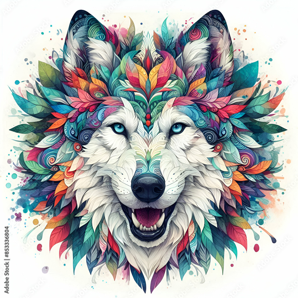 Colorful Fairy Spirit Wolf Animal Head Staring in Nature Bright Neon Colors Watercolor Painting Splashes, White Background. Beautiful Focused Scary Red Angry Eyes Out Forest. Pop Art Fierce Carnivore Colorful Fairy Spirit Wolf Animal Head Staring in Nature Bright Neon Colors Watercolor Painting Splashes, White Background. Beautiful Focused Scary Red Angry Eyes Out Forest. Pop Art Fierce Carnivore