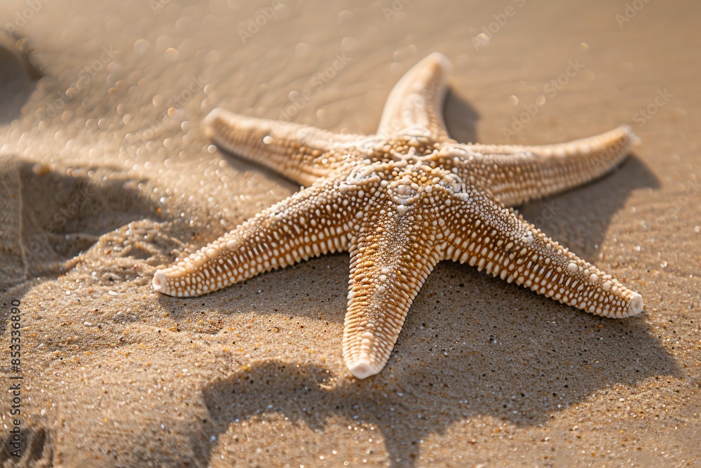 A beautiful starfish lying on sandy beach during sunset, showcasing its detailed texture and natural beauty. A beautiful starfish lying on sandy beach during sunset, showcasing its detailed texture and natural beauty.