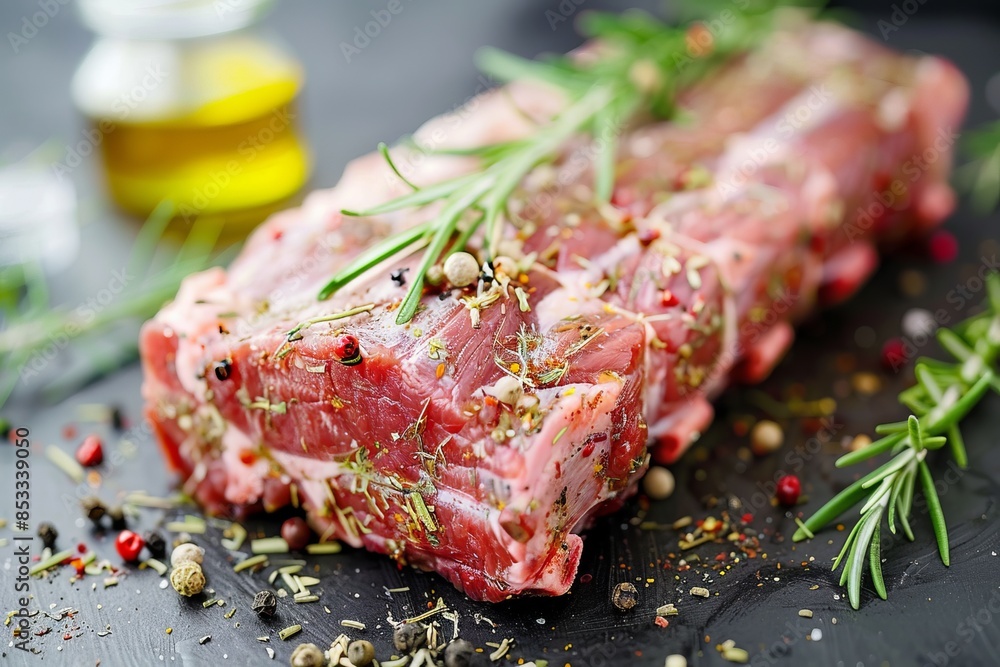 Big raw piece of pork meat with spices and herb Big raw piece of pork meat with spices and herb