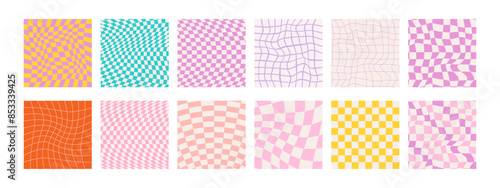 Groovy checkered patterns, vintage aesthetic backgrounds, psychedelic checkerboard texture. Funky hippie fashion textile print, retro background with distorted grid vector pattern set. Bright colors