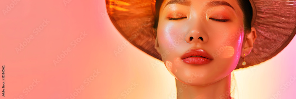 a beautiful Asian woman wearing a hat with her eyes closed against a light pink and orange background, generative AI a beautiful Asian woman wearing a hat with her eyes closed against a light pink and orange background, generative AI