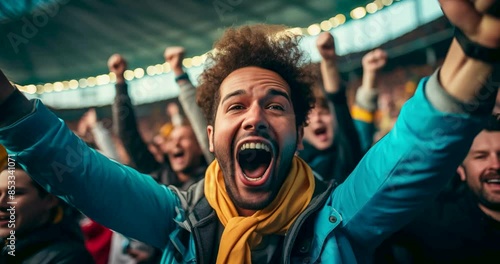 Sports fans celebrating excitedly in the stands of a stadium, night game, colored smoke flares. Generative AI	
