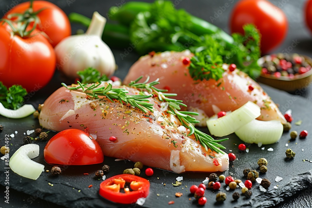 Chicken breast uncooked fresh with pepper and onion Chicken breast uncooked fresh with pepper and onion