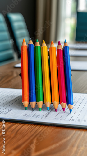 A bunch of colored pencils are on a table