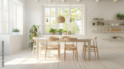 Cozy dining room with white table and beige wooden chairs, minimalist style, © FoxGrafy