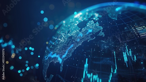 3D render of a digital globe with market trend lines and stock prices, blue tones,