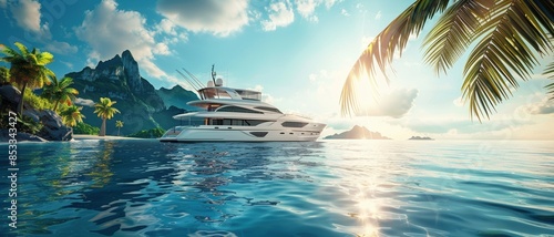 Luxury yacht sailing on a calm ocean, tropical island in the background, bright sunny day photo