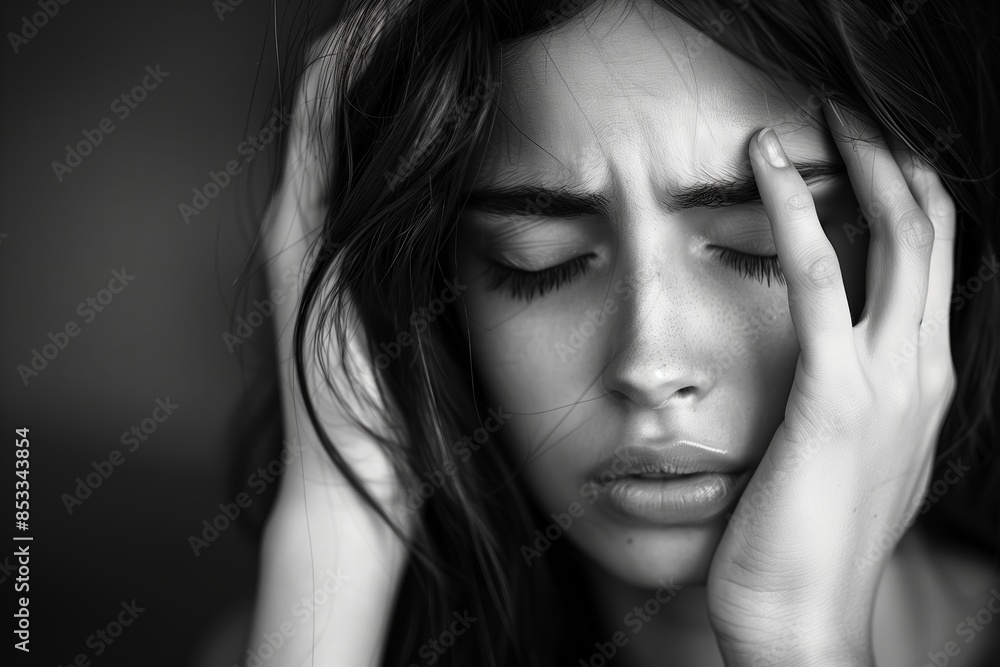 Close-Up Black And White Portrait of a Woman Holding Her Head Close-Up Black And White Portrait of a Woman Holding Her Head
