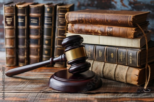 Gavel and Books on Wooden Table