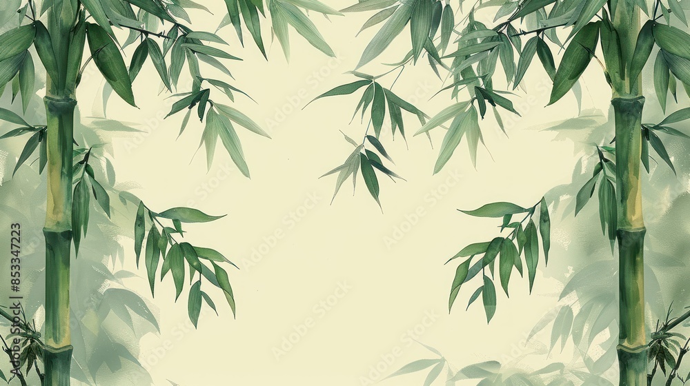 A bamboo border in muted greens, flat design, and repeating pattern. A bamboo border in muted greens, flat design, and repeating pattern.