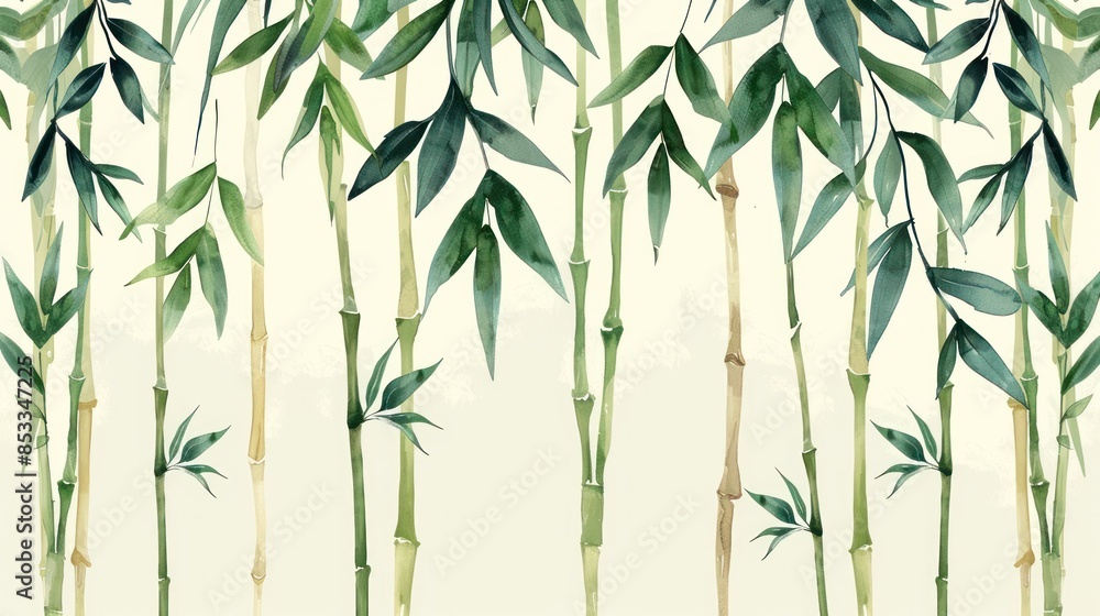 Fototapeta premium Muted green bamboo border, depicted in flat design with a repeating pattern.