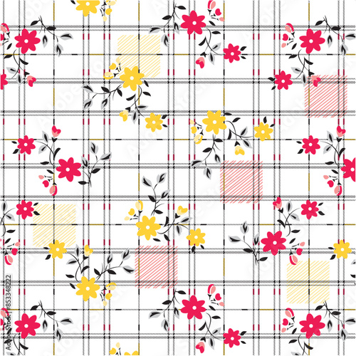 Flowers with leaves pattern on diagonal plaid