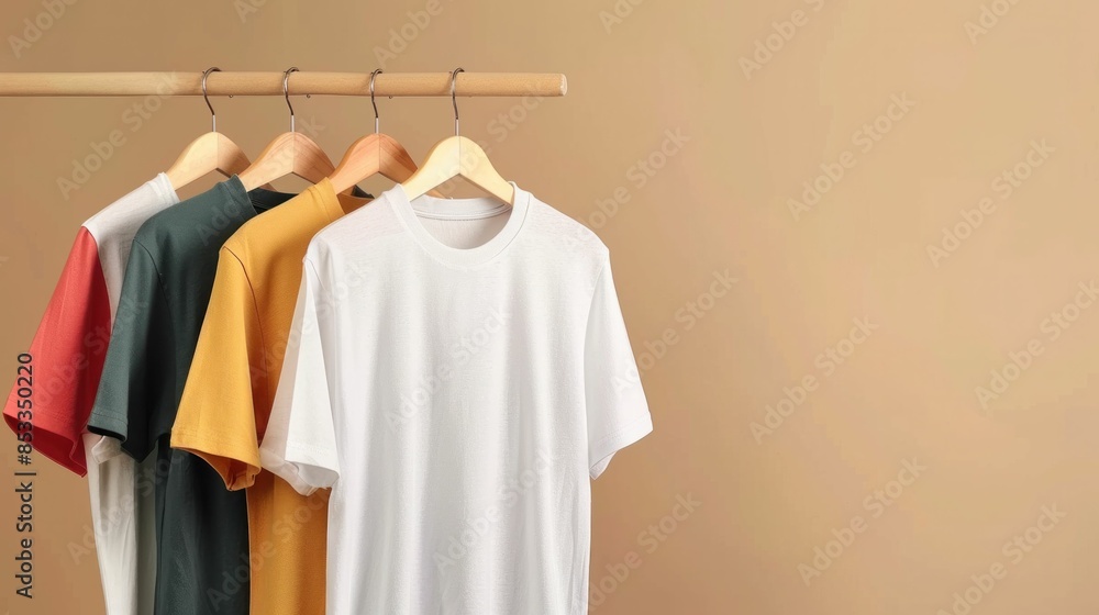 Vibrant collection of colorful tshirts hanging on rustic wooden hanger against neutral beige background Vibrant collection of colorful tshirts hanging on rustic wooden hanger against neutral beige background