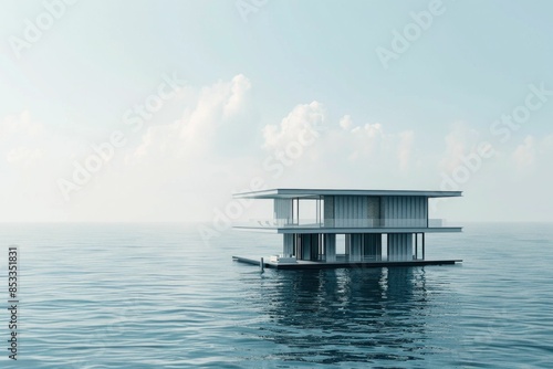 Serenity of the open sea a floating house in the middle of the ocean under a blue sky with clouds