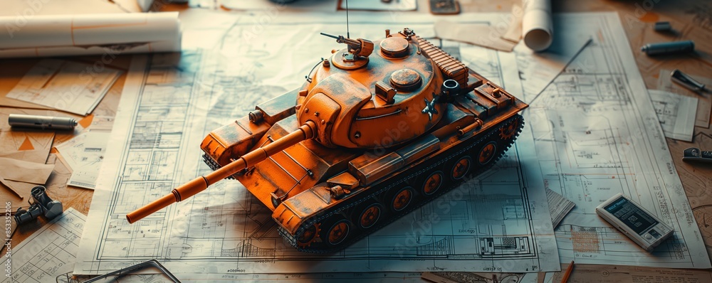 Obraz premium A wide shot captures an orange tank model amid a spread of engineering drafts, evoking a sense of design and history