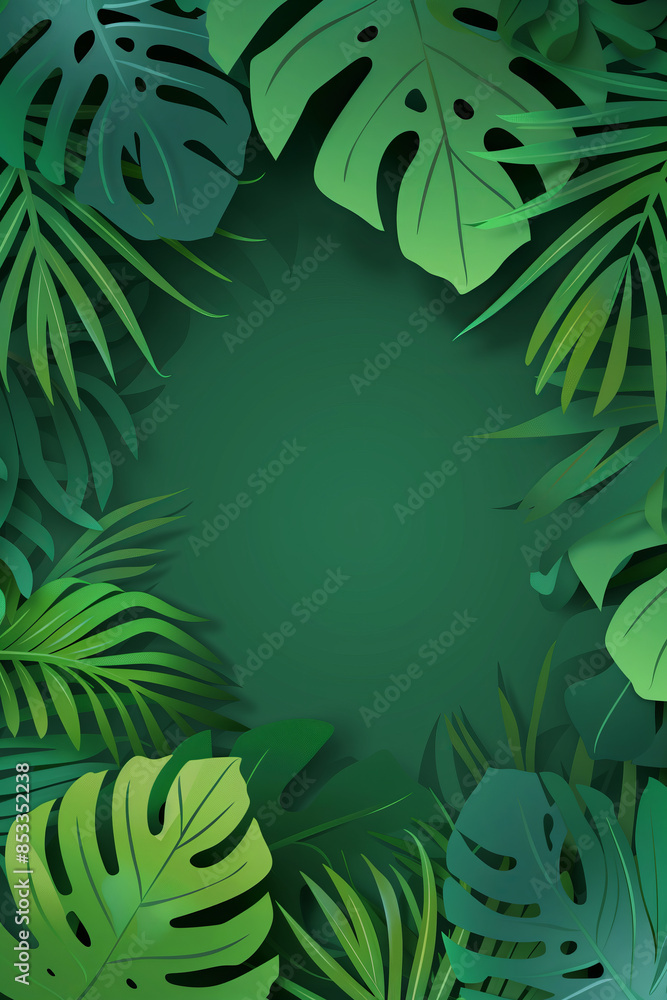 Green tropical leaves and foliage plant in green flat color background with space for text Green tropical leaves and foliage plant in green flat color background with space for text