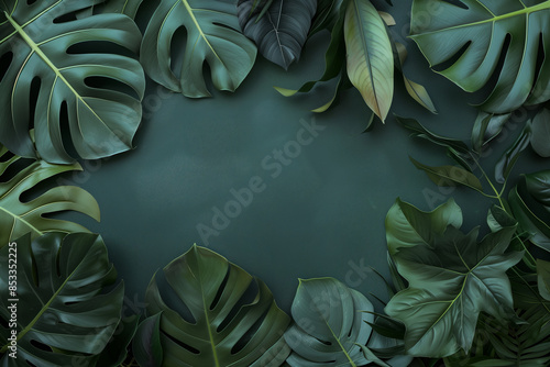 Green tropical leaves and foliage plant in green flat color background with space for text