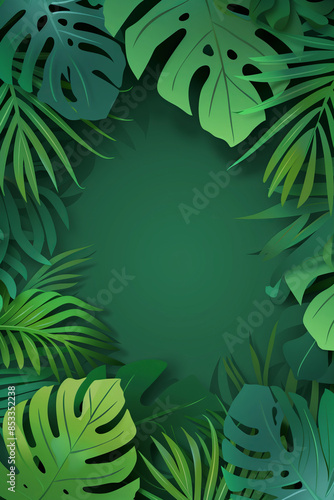 Green tropical leaves and foliage plant in green flat color background with space for text