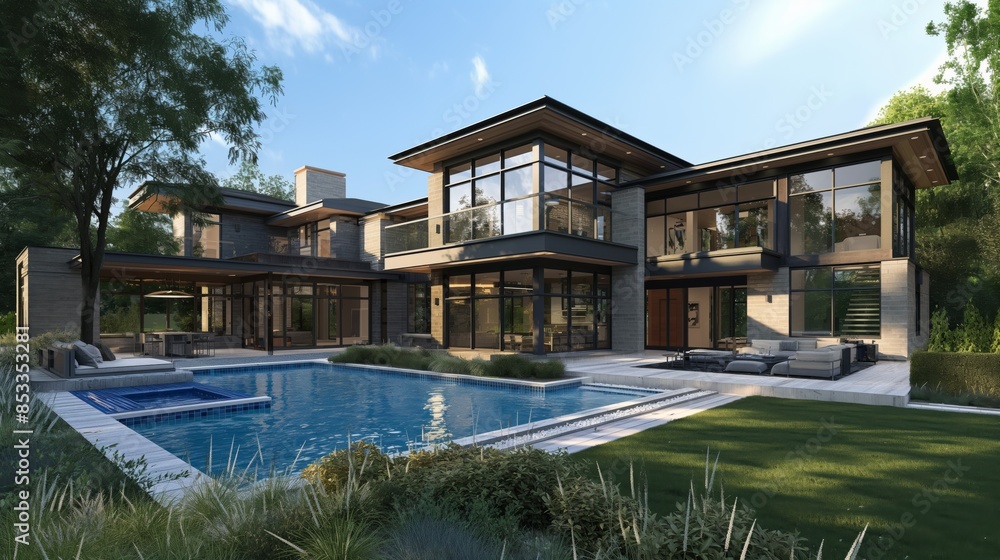 Obraz premium Large modern house with pool, surrounded by green landscaping.