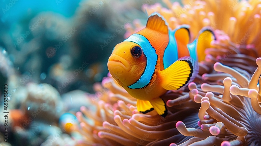 Close-up of a colorful clownfish swimming among coral reefs, showcasing vibrant marine life in its natural habitat. Close-up of a colorful clownfish swimming among coral reefs, showcasing vibrant marine life in its natural habitat.