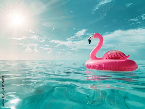 pink flamingo shaped pool float drifting in serene turquoise waters under bright summer sun. Tropical vacation and leisure concept
